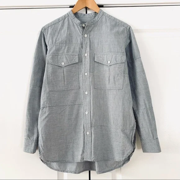 Billy Reid Sz XS Button Down Shirt Band Collar Patchwork Stripe Cotton Menswear - Picture 9 of 9